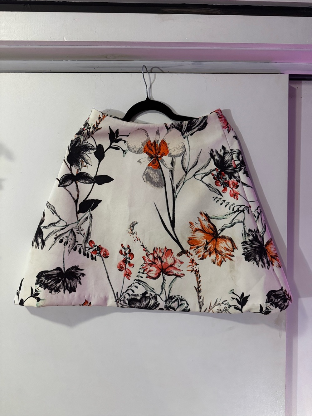 VINTAGE Floral Asymmetric A-Line Skirt in White with Orange & Black Print
